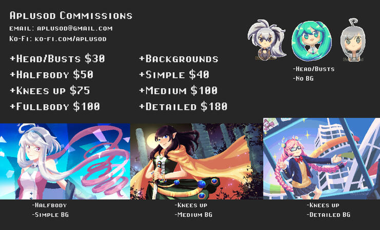 A list of character-based illustration commissions in a pixel art style that aplusod takes - headshots or busts are $30, halfbody $50, Knees up $75, Fullbody $100, plus an additional $40 for a simple background, $100 for a medium complexity background, and