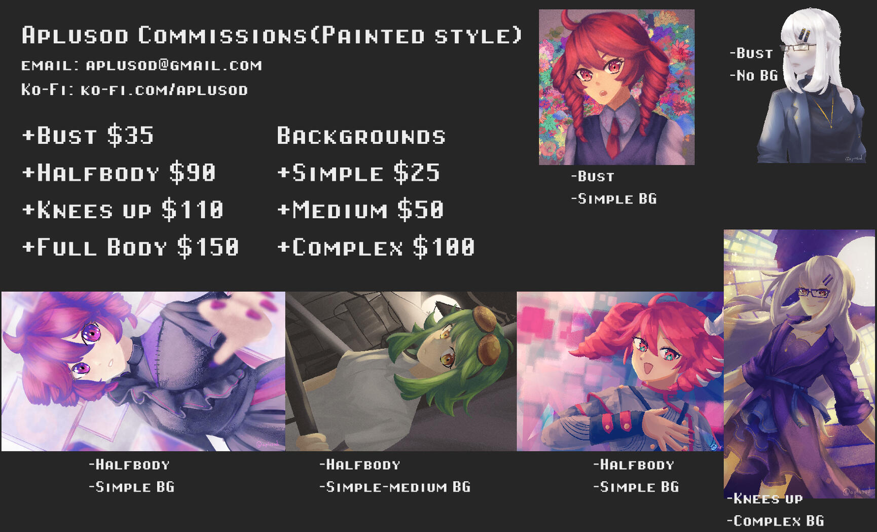 A list of character-based illustration commissions in a painterly style that aplusod takes - Busts are $35, half body is $90, knees up is $110, full body is $150. To include a background is an additional $25 for a simple background, $50 for a medium comple